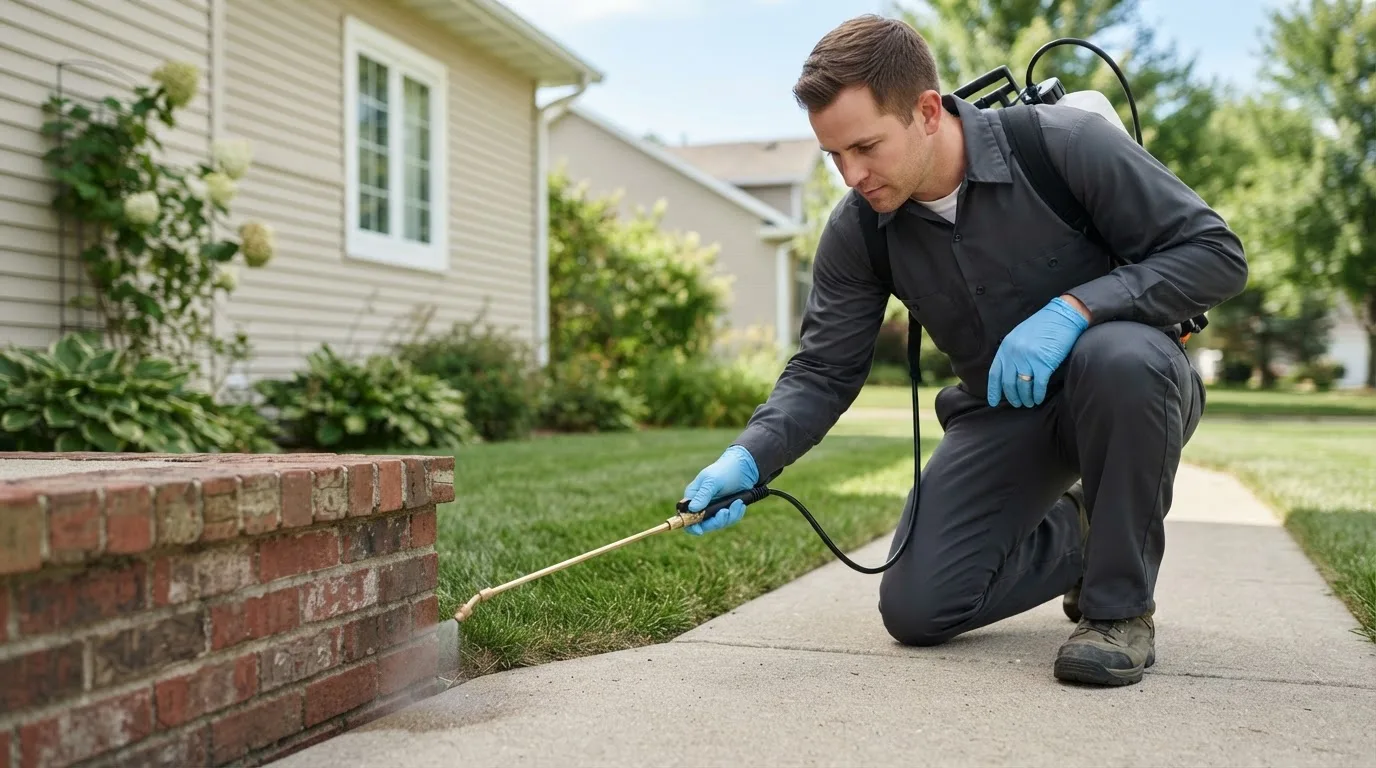 Pest control technician treating a home near Colchester, VT